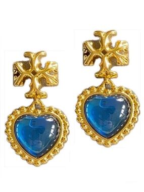 Tory Burch ROXANNE gold logo blue heart drop earrings 💙🩵